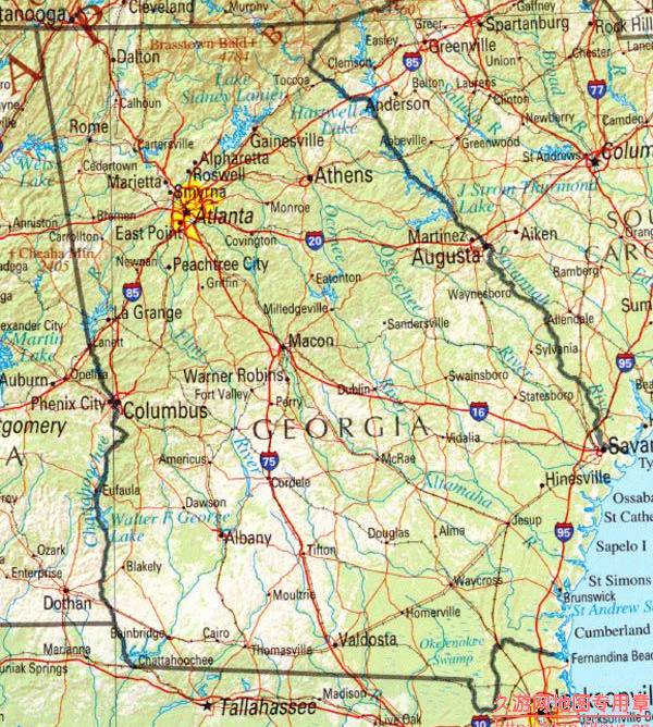 美国佐治亚州地形交通地图,美国地图高清中文版