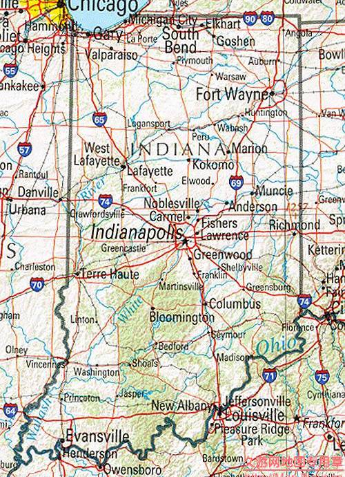 美国Idiana州地形交通图,美国地图高清中文版