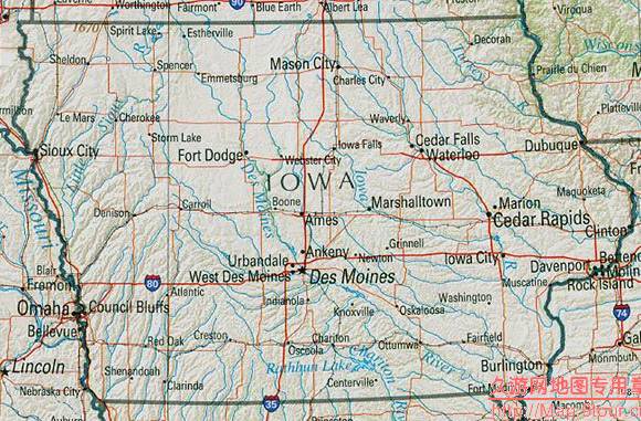 美国Iowa州地形交通图,美国地图高清中文版