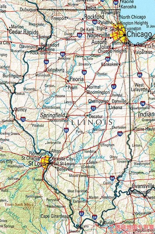 美国Illinois州地形交通图,美国地图高清中文版
