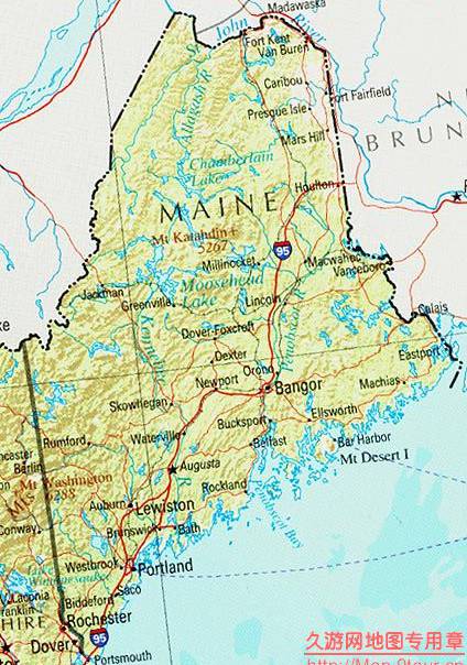美国Maine州地形交通图,美国地图高清中文版