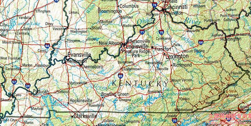 美国Kentucky州地形交通图,美国地图高清中文版