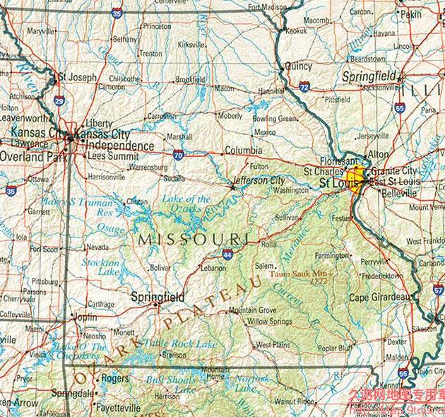 美国Missouri州地形交通图,美国地图高清中文版