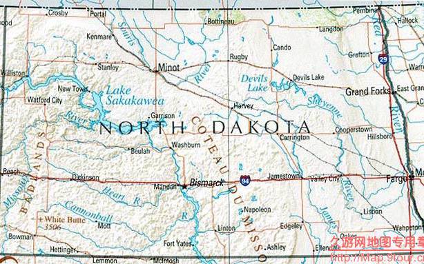 美国North Dakota州地形交通图,美国地图高清中文版